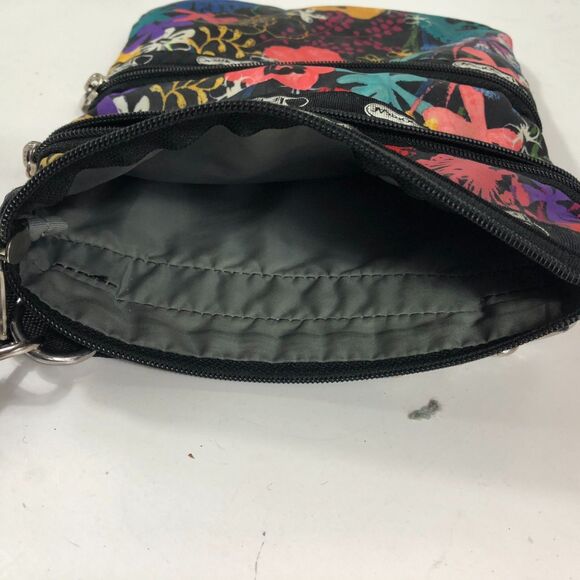 Vibrant LeSportsac Crossbody Pouch Bag Black Floral Multi-Zip Travel Shoulder - Picture 8 of 10